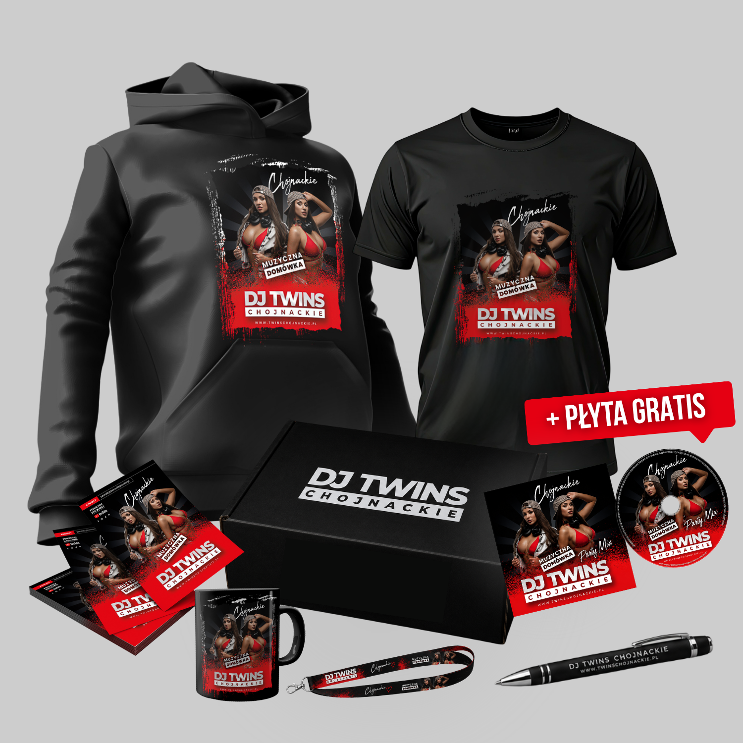 GIFT BOX DJ Twins Chojnackie – Bluza + Koszulka + Kubek + Smycz + Płyta GRATIS z autografem + naklejka i długopis