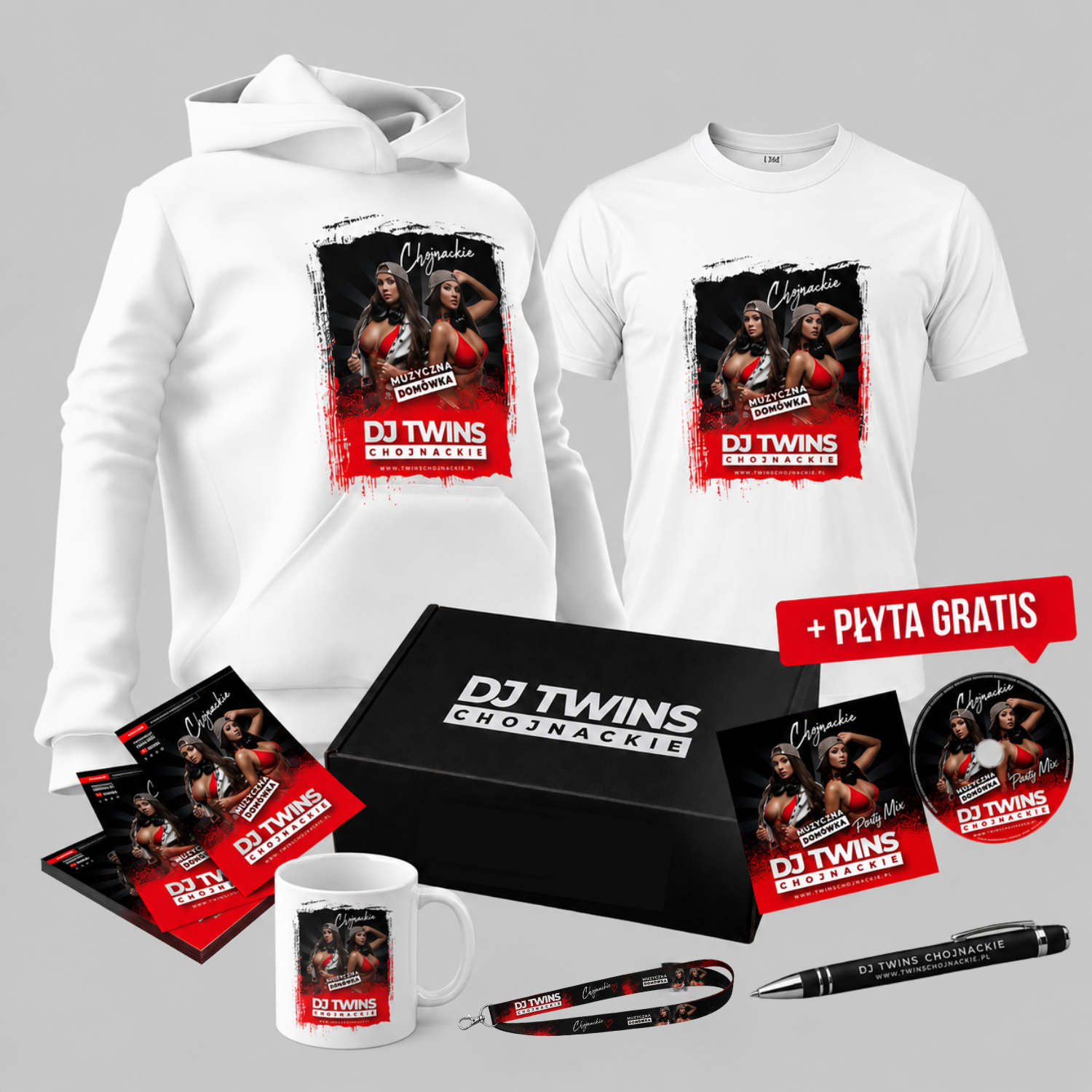 GIFT BOX DJ TWINS Chojnackie – Bluza + Koszulka + Kubek + Smycz + Płyta GRATIS z autografem + naklejka i długopis